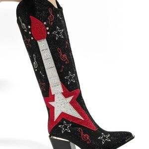 Dazzling Black and Red Guitar Heeled Boots